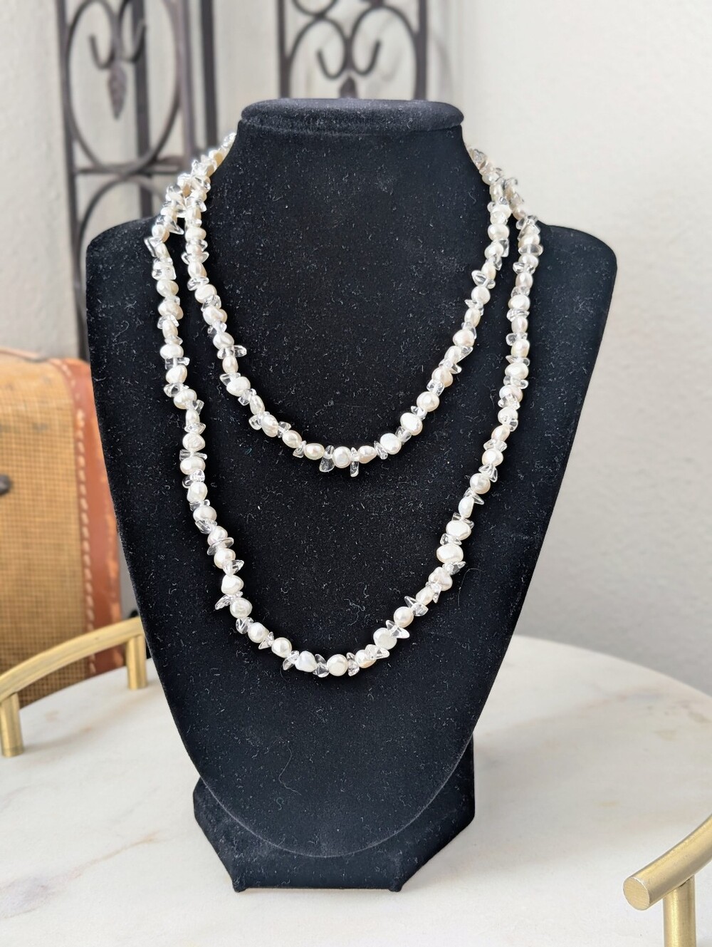 Genuine White Freshwater Pearl and Quartz Chip Necklace